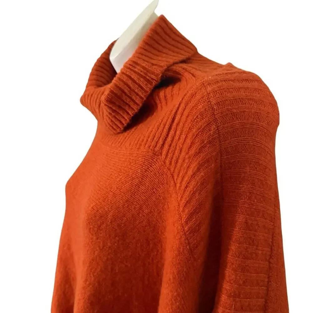 Lou & Grey Orange Turtleneck Asymmetrical Poncho Wool Blend Sweater sz One Size